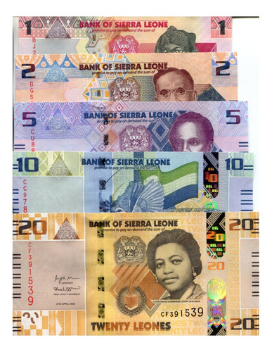 Set De 5 Billetes De Sierra Leona 1, 2, 5, 10,20 Leonas 2022