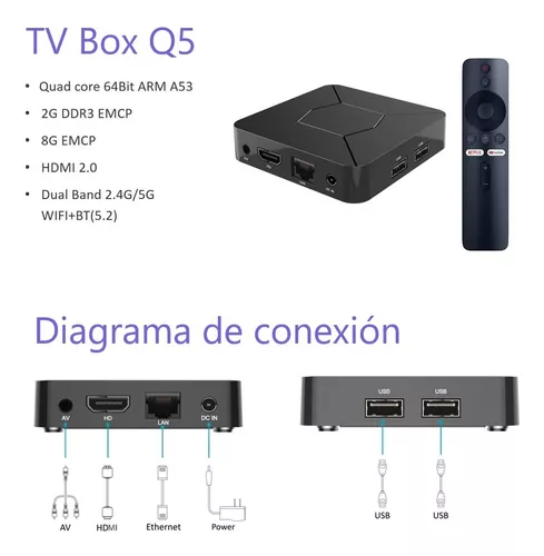 TV BOX 4K ANDROID 10 CERTIFICADO Q5 CON CONTROL DE VOZ GENERICO