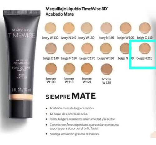 Base maquillaje lĂquido Time Wise 3D mate Mary Kay Base BEIGE N210