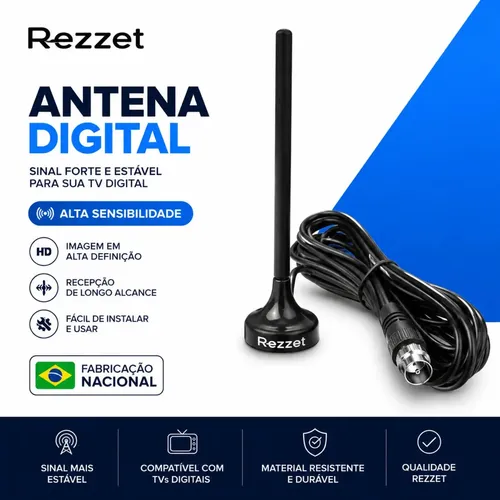 Antena Digital ​Sinal 4k Smart Tv Interna Externa Samsung LG Led Lcd Amplificador Hdtv Uhf Com Cabo Longo E Base Magnética Rezzet!