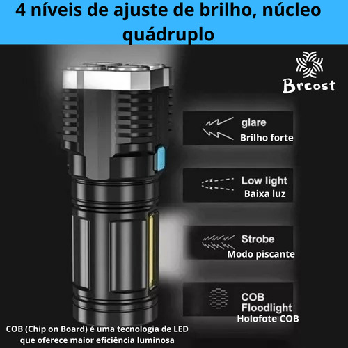 Lanterna 4 Núcleos Tática Recarregável Usb Potente Brcost Led Carro pesca luminária