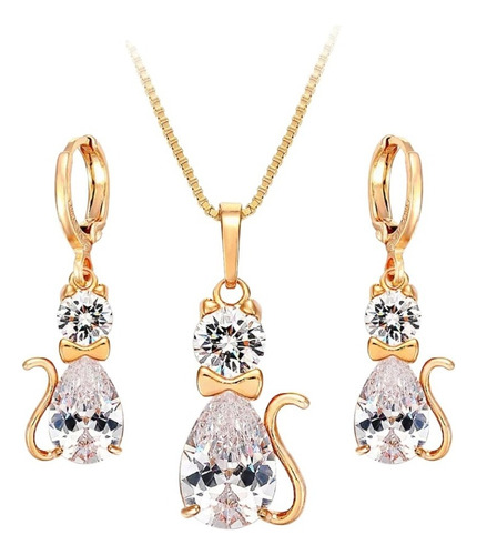 Fino Collar Y Aretes Gato Swarovski Oro 18k Lam Estuche