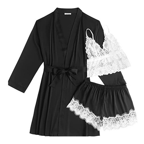 Coordinado Conjunto Pijama Negro Con Bralette Encaje Blanco!