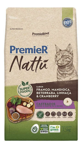 Ração Super Premium Nattú Gato Castrados Mandioca 7,5kg