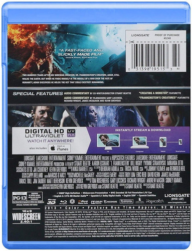 Yo Frankenstein Aaron Eckhart Pelicula Blu-ray 3d & 2d + Dvd