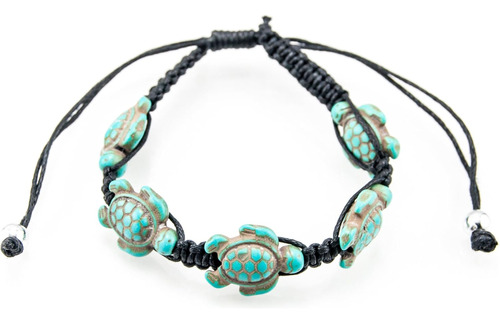 Pulsera Ajustable De Cord N Negro Con Tortugas Turquesas