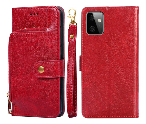 Funda De Piel Con Cremallera Roja Para Motorola Moto G Power