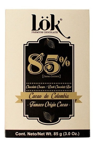 Barra De Chocolate Lok 85% Origen Colombia 85 G