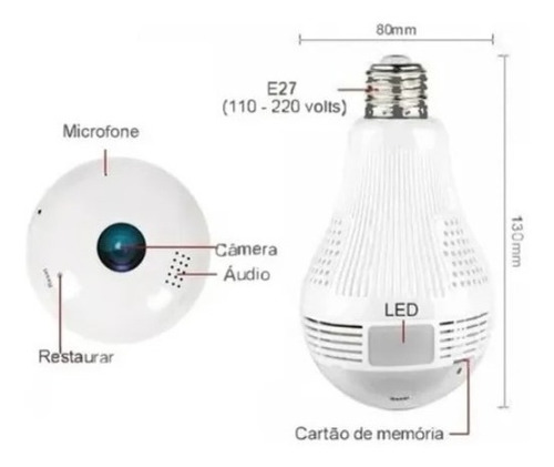 Imagem 3 de 5 de Lampada Câmera Espia Ip Wifi 360 Microfone Led Hd Panoramica