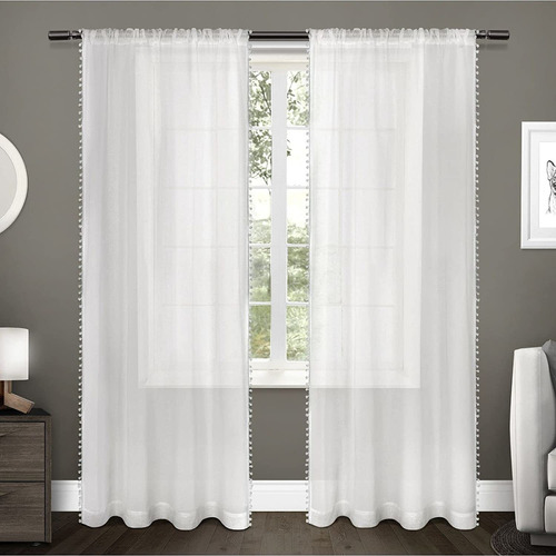 Pom Embellished Sheer Rod   Top Curtain Panel Pair  54x...