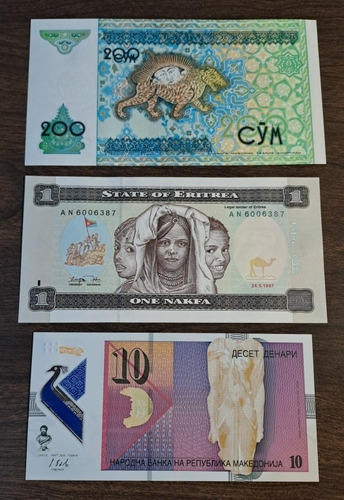 Billetes Del Mundo X 3 Sc, Incluye Macedonia 10 Dinara 2018.