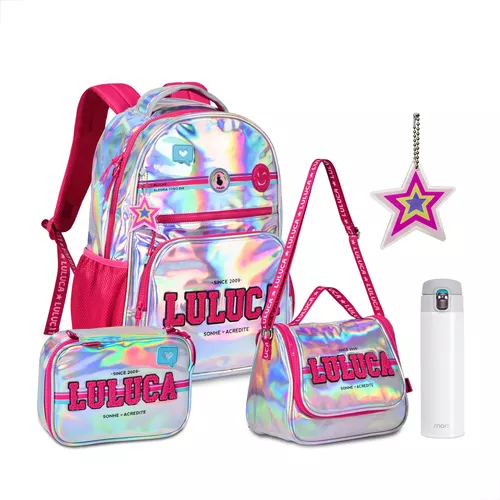 Kit Mochila Luluca + Estojo Bolsa Escolar Acessório Miçangas