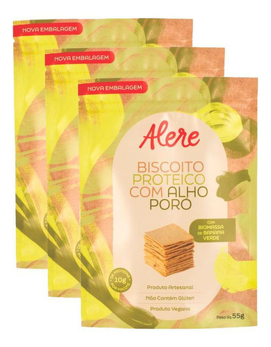 Kit 3x: Biscoito Proteico Com Alho Poró Sem Glúten Alere 55g
