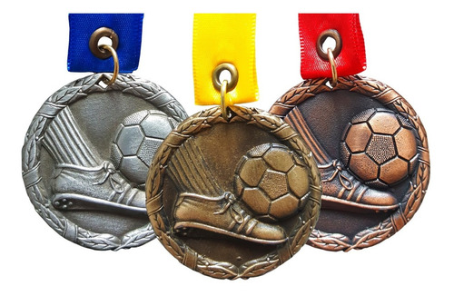 60 Medallas Metálicas Fútbol Color Oro, Plata O Bronce