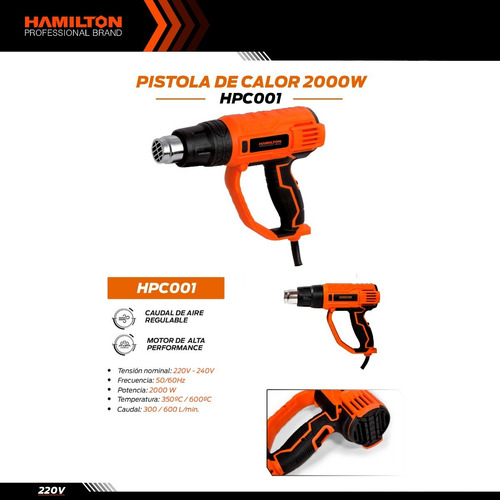 Imagen 7 de 9 de Pistola De Calor 2000w 500l/min 350°c-600°c Hamilton