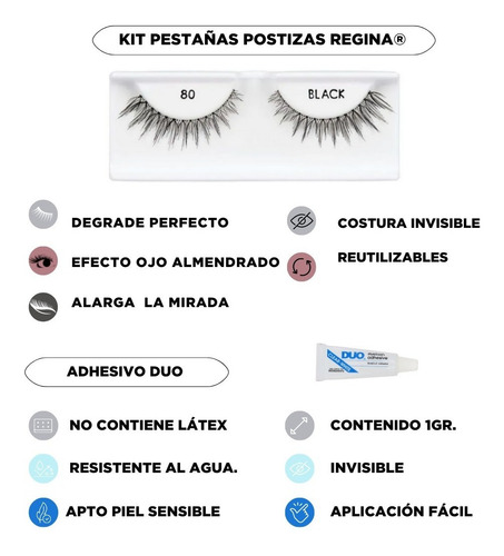 Imagen 4 de 6 de Kit Pestañas Postizas Regina Efecto Lifting 80