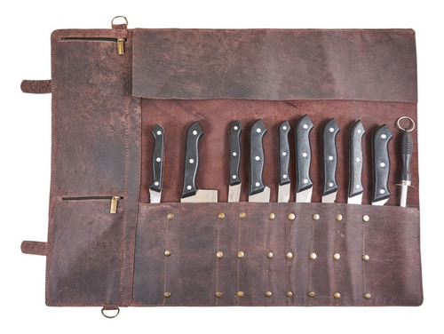 Estuche Porta Cuchillos Rollo De Piel Genuina Chef Parrilla Color Naranja Claro