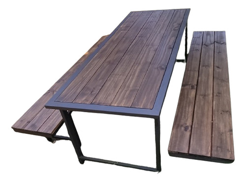 Juego Mesa Xl Barbacoa Parrillero Y2  Bancos Hierro Y Madera