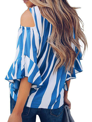 Blusa A Rayas Para Mujer, Hombros Descubiertos, Lazo En La C