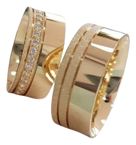 Par De Alianças Reta Quadrada 8mm Com Friso Pedra Ouro 18k 