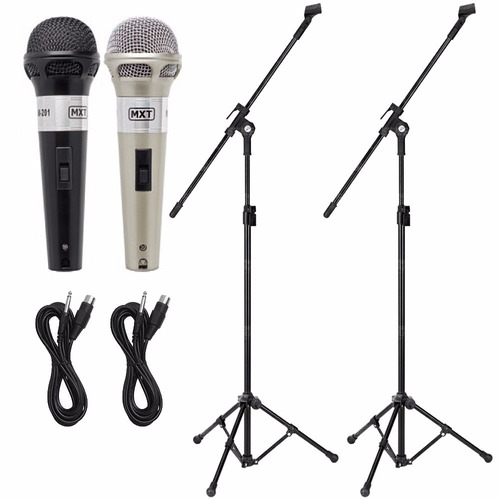 2 Microfones + 2 Pedestal Profissional C/ Cachimbo + Cabos