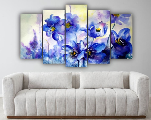 Set De 5 Cuadros Decorativo Flores Azules Abstracto Arte 08