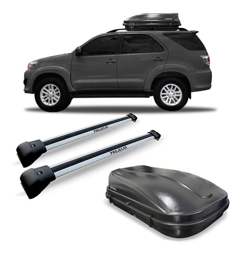 Kit Travessas Teto Bagageiro Hilux Sw4 Prata + Baú 510 Litro