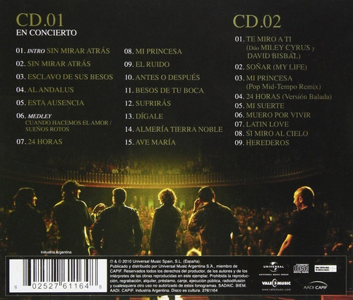 Cd David Bisbal / Sin Mirar Atras Tour (2010) Cd Doble