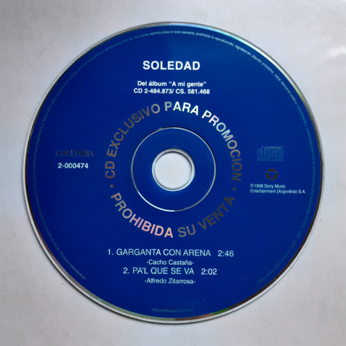 Cd Original Promo - Soledad (garganta Con Arena)