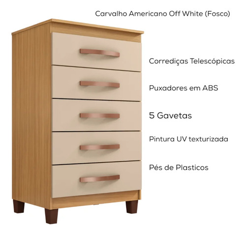Comoda 5 Gavetas 57 Cm Moden 2259 Carvalho Am Off White Incp