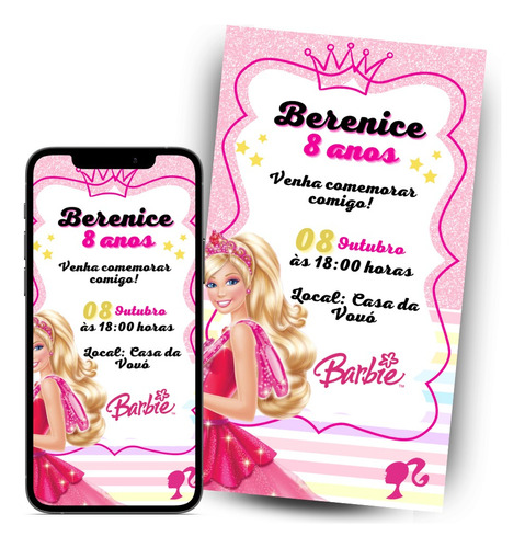 Barbie Convite Digital P/ Aniversário Festa Infantil Menina