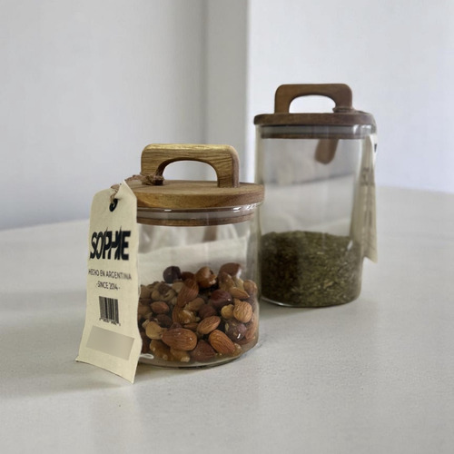 Frasco De Vidrio Con Tapa De Madera Acacia Y Asa Hermético Chico