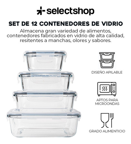 Set 12 Contenedores 24pzs Tóper De Vidrio Hermético Con Tapa Selectshop