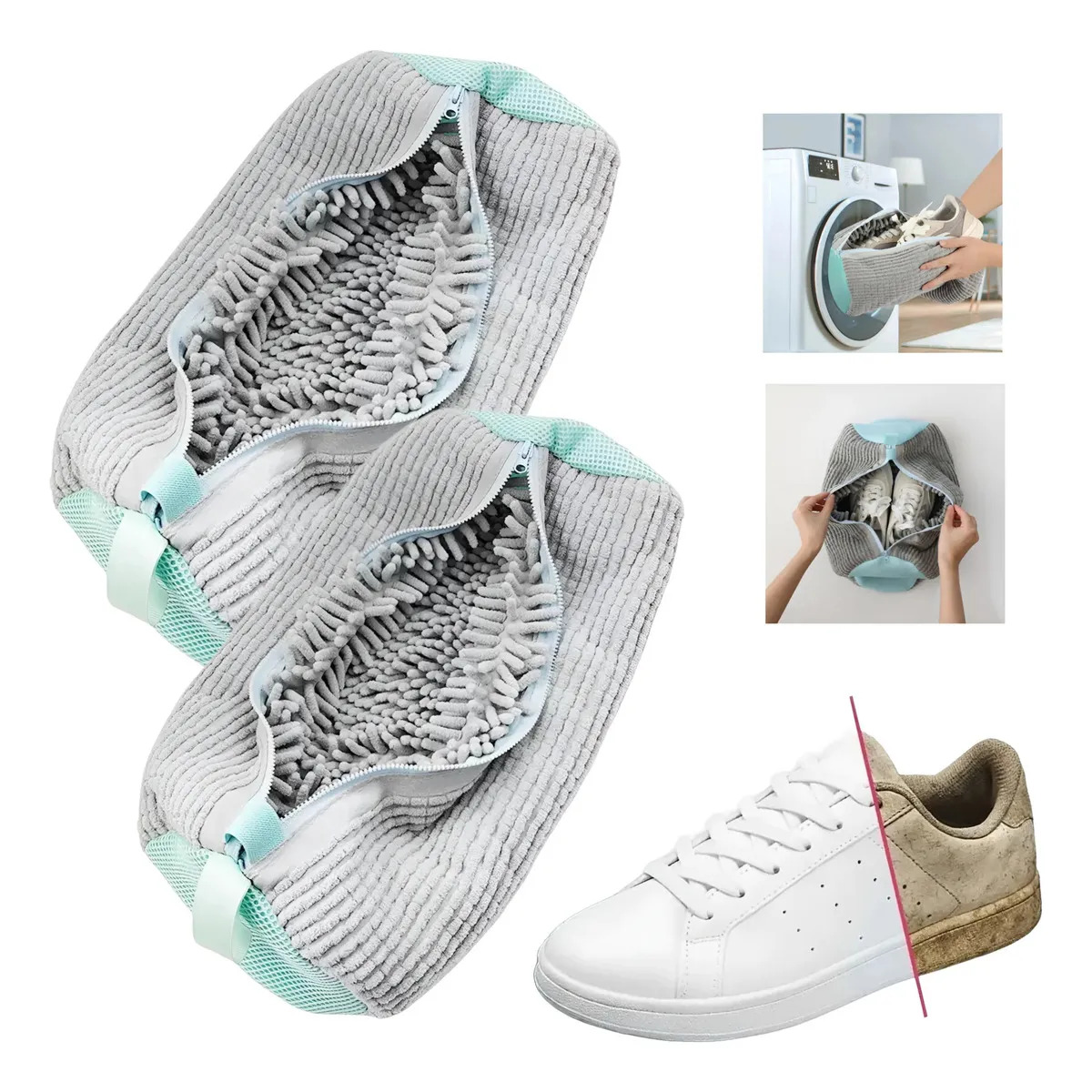Saco De Lavar Tenis Lavagem Na Maquina De Kit Com 2 Peças Cinza Bolsa para lavar tênis Saquinho para lavar tênis Protetor de tênis para máquina - Marca Super Abre Fácil