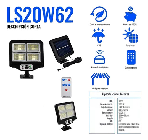 Lámpara Solar 20w Control R. Sensor Movimiento Ip65 20 Pzs