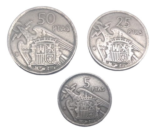  Monedas España Franco 50, 25 Y 5 Pesetas 3 Piezas Año 1957