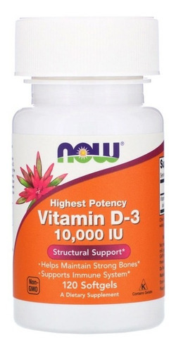 Vitamina D3, 10 000 UI, 120 cápsulas blandas, sabor Now Foods, sin sabor