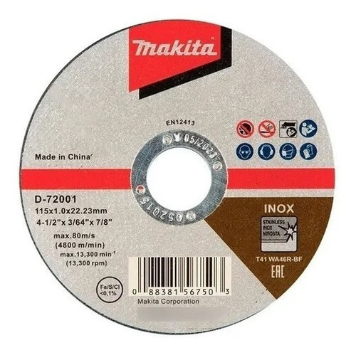 Disco De Corte Inoxidable Makita D-72001 4-1/2''x 7/8 X 1mm Color Gris