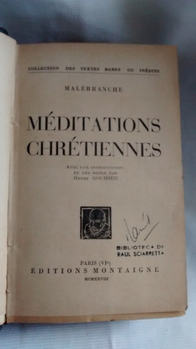 Meditations Chretiennes Malebranche Ed. Motaigne En Frances