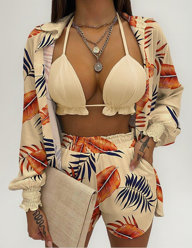 06 Traje Baño Hawaiano Paramujer 3 Piezas Conjunto Playa