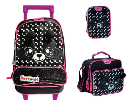 Kit De Mochila Lonchera Y Lapicera Happy Girl Panda Primaria Con Carro Vs2120