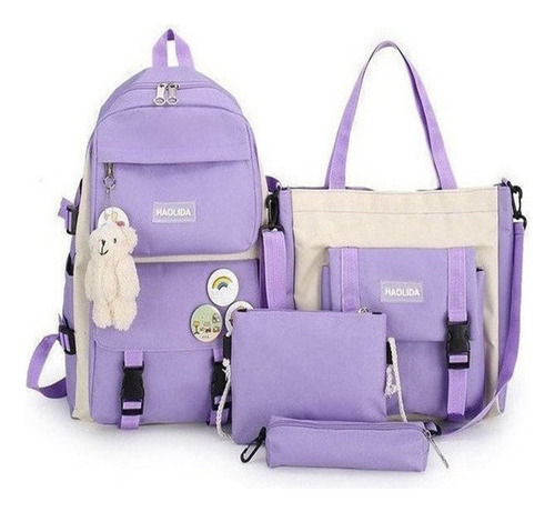 5 Piezas Mochila Escolar Combo Set Kawaii Estilo Coreana