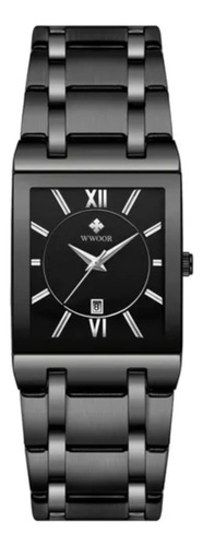 Relógio de pulso Wwoor 8858 com corpo preto,  analógico, para masculino, fundo  preto, com correia de aço inoxidável cor preto, agulhas cor cinza, subdials de cor cinza, bisel cor preto e dobrável