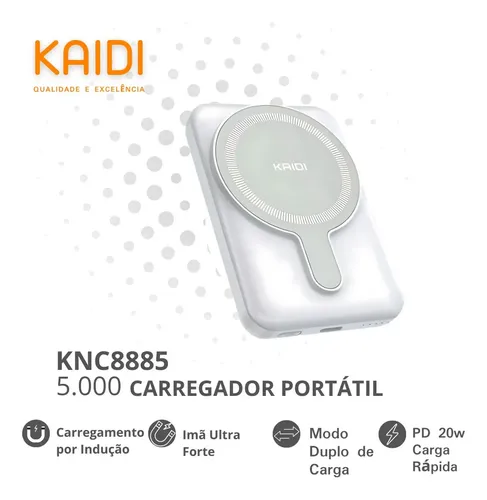 Carregador Portátil Magnético Kaidi 5000mAh Wireless Branco KNC