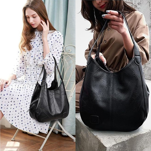 Bolsa Hombro Cuero Suave Gran Capacidad Damas Bolsa Mensajer Color Negro Correa De Hombro Negro Diseño De La Tela Lisa