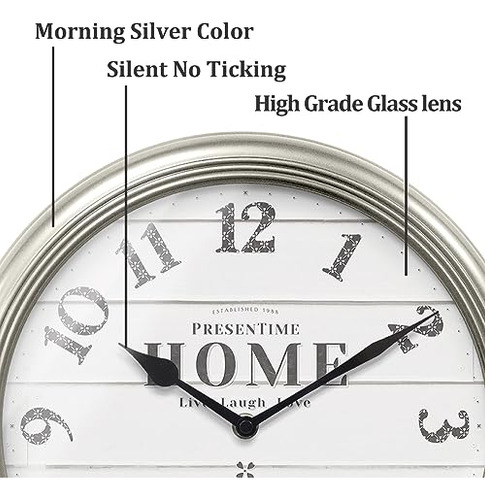 Reloj De Pared Luminoso 12.6 Silencioso Plateado Matutino