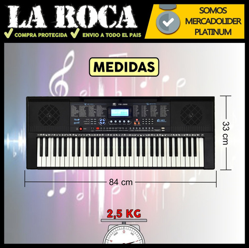 Imagen 7 de 10 de Teclado 5 Octavas 61 Teclas Usb Mp3 Microfono Y Atril
