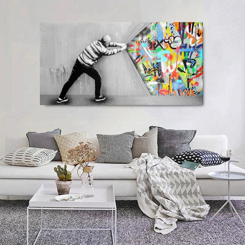 Cuadro Banksy Canvas Graffiti Urban Streetart Estilo Galeria Color Multicolor Armazón Bastidor