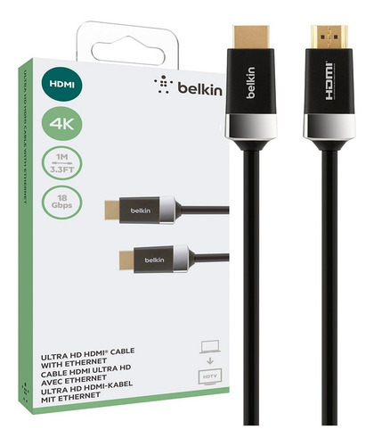 Imagen 1 de 5 de Cable Belkin Hdmi A Hdmi 4k 2 Metros Negro