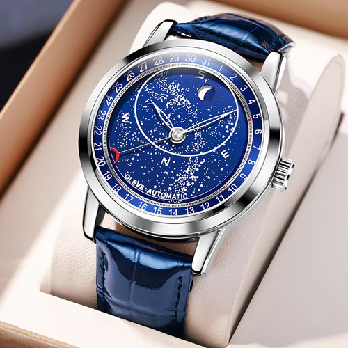 Reloj Automático Olevs 9923 Moon Phase Para Hombre Color del bisel Plateado